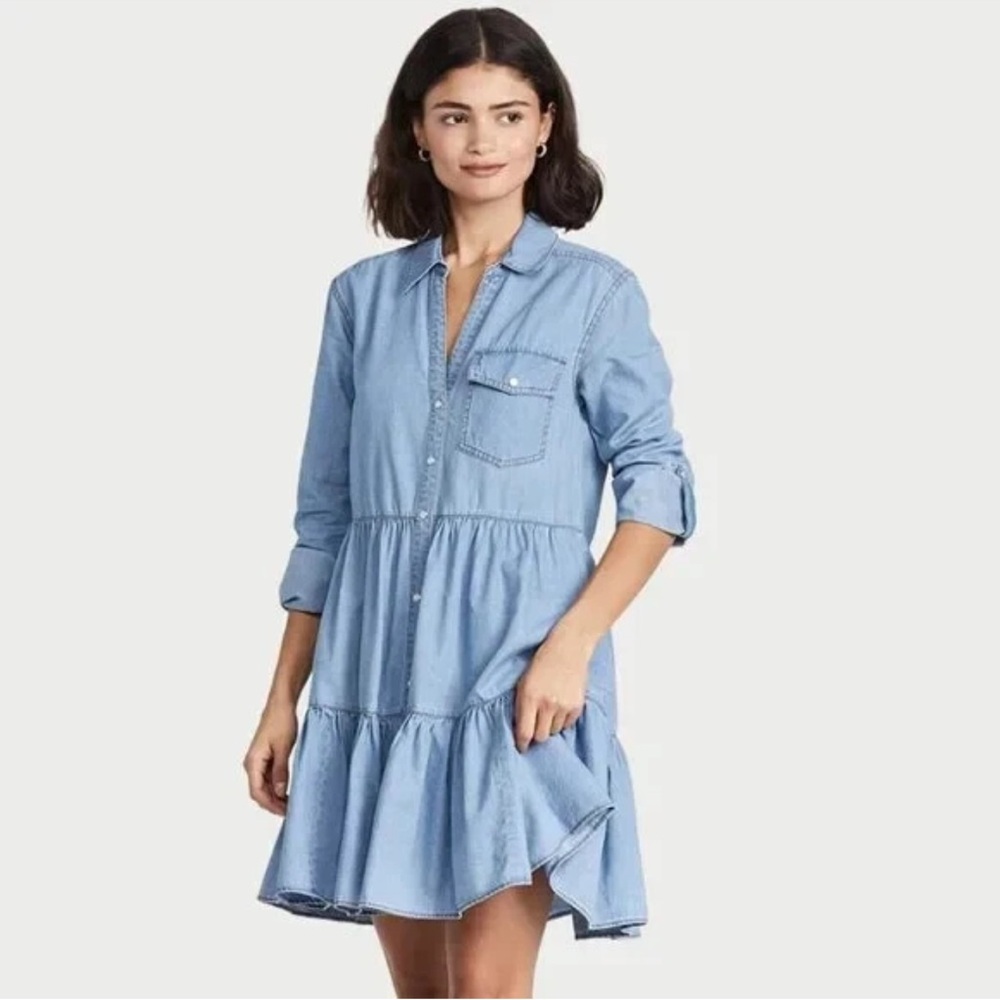 Veronica Beard Light Blue Chambray Tiered Shirt Dress
